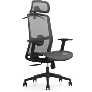 Silla ejecutiva con cabecera, respaldo alto en malla negra con soporte lumbar, pistón neumático, brazos ajustables y base de 5 puntas en nylon con rodajas de poliuretano.