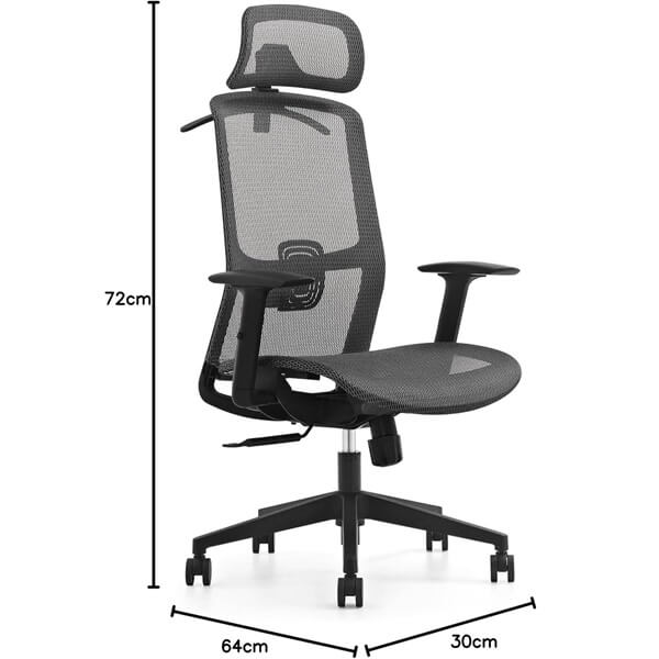 Silla ejecutiva con cabecera, respaldo alto en malla negra con soporte lumbar, pistón neumático, brazos ajustables y base de 5 puntas en nylon con rodajas de poliuretano.